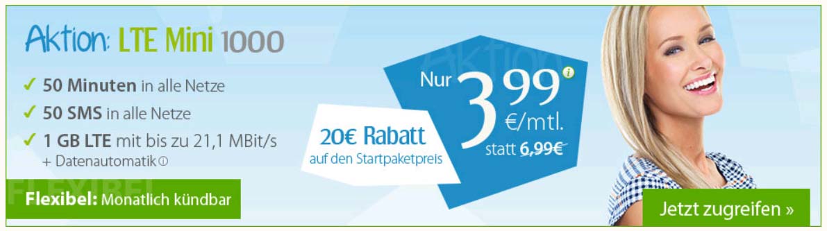 Handy Flatrates ab 1GB Volumen für 3.99 Euro